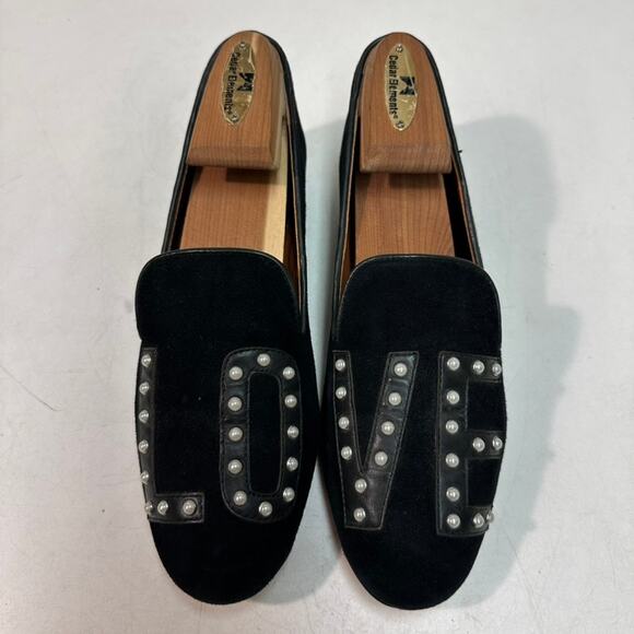 EXCELLENT Rebecca Minkoff Black Velvet Studded LOVE Slipper Loafer Women's 7 - Picture 1 of 10
